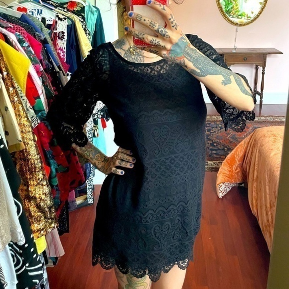 Sexy Black Lace 3/4 Sleeve Above Knee Dress